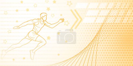 Runner or long jumper themed background in yellow tones with abstract lines, stars and dots, with sport symbols such as a male athlete and a running track