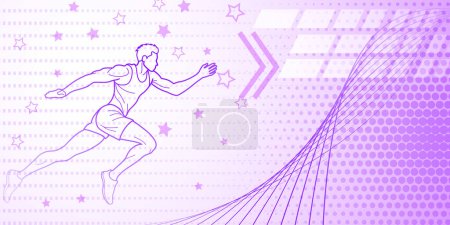 Läufer- oder Weitsprunghintergrund in violetten Tönen mit abstrakten Linien, Sternen und Punkten, mit Sportsymbolen wie einem männlichen Athleten und einer Laufbahn