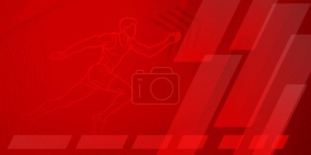 Runner or long jumper themed background in red tones with abstract lines, stars and dots, with sport symbols such as a male athlete and a running track