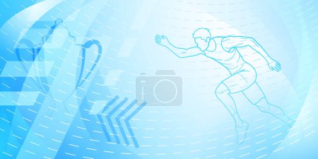 Läufer-Hintergrund in hellblauen Tönen mit abstrakten gestrichelten Linien, mit Sportsymbolen wie einem männlichen Athleten und einer Tasse