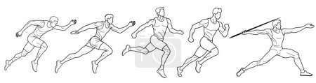 Illustration for Set of athletes runners and javelin thrower, drawn in outlines, black on white background - Royalty Free Image
