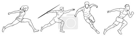 Illustration for Set of athletes runners, jumpers and javelin thrower, drawn in outlines, black on white background - Royalty Free Image