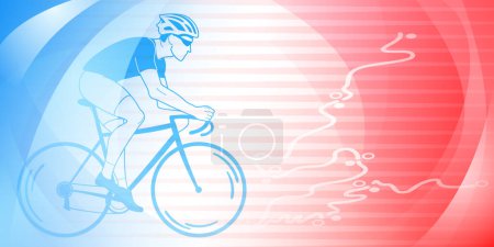 Illustration for Cycling themed background in the colors of the national flag of France, with sport symbols such as an athlete cyclist and a bike race route, as well as abstract curves and lines - Royalty Free Image