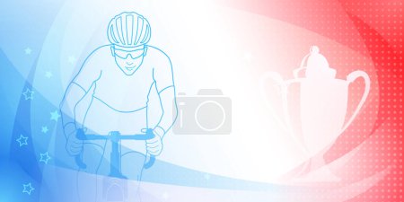 Illustration for Cycling themed background in the colors of the national flag of France, with sport symbols such as an athlete cyclist and a cup, as well as abstract curves and dots - Royalty Free Image