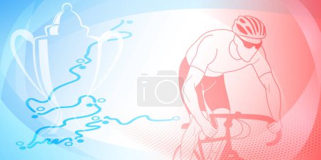 Illustration for Cycling themed background in the colors of the national flag of France, with sport symbols such as an athlete cyclist, cup and a bike race route, as well as abstract curves and dots - Royalty Free Image