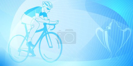 Illustration for Cycling themed background in light blue colors with sport symbols such as an athlete cyclist and a cup, as well as abstract curves and dots - Royalty Free Image