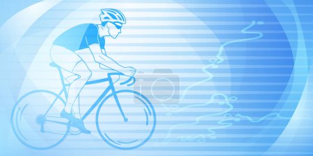 Illustration for Cycling themed background in light blue colors with sport symbols such as an athlete cyclist and a bike race route, as well as abstract curves and lines - Royalty Free Image