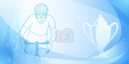 Illustration for Cycling themed background in light blue colors with sport symbols such as an athlete cyclist and a cup, as well as abstract curves and dots - Royalty Free Image