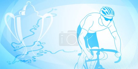Illustration for Cycling themed background in light blue colors with sport symbols such as an athlete cyclist, cup and a bike race route, as well as abstract curves and dots - Royalty Free Image