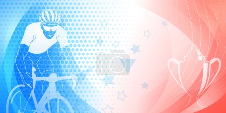 Illustration for Cycling themed background in the colors of the national flag of France, with sport symbols such as an athlete cyclist and a cup, as well as abstract curves and dots - Royalty Free Image