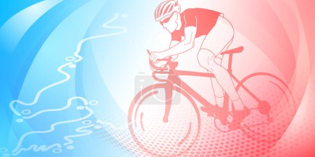 Illustration for Cycling themed background in the colors of the national flag of France, with sport symbols such as an athlete cyclist and a bike race route, as well as abstract curves and dots - Royalty Free Image