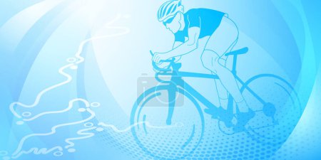 Illustration for Cycling themed background in light blue colors with sport symbols such as an athlete cyclist and a bike race route, as well as abstract curves and dots - Royalty Free Image