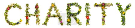 Téléchargez les photos : Blooming Flower Letters Building English Word Charity. Summer And Spring Season Blossoms And Flower Lei. - en image libre de droit