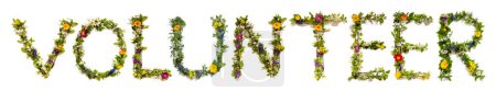 Téléchargez les photos : Blooming Flower Letters Building English Word Volunteer. Été et printemps saison fleurs et fleur Lei. - en image libre de droit
