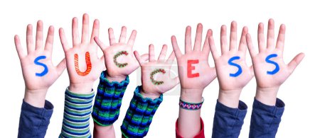 Photo for Children Hands Building Colorful English Word Success. White Isolated Background - Royalty Free Image