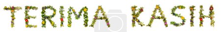 Foto de Flores de colores que construyen texto indonesio Terima Kasih, significa gracias en inglés, algunas flores verdes y algunas flores de primavera sobre fondo blanco aislado, significado simbólico, cita - Imagen libre de derechos