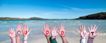 Children Hands Building Colorful English Word You Did It. Summer Sea, Ocean And Beach Background
