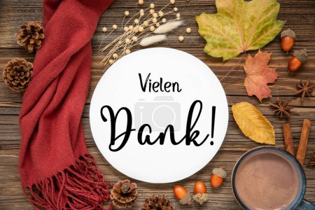Photo for Autumn Decoration, Flat Lay With Colorful Maple Leaves, Cozy Atmosphere and Label With German Text Vielen Dank, Which Means Many Thanks In English - Royalty Free Image