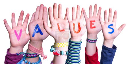 Children Hands Building Colorful English Word Values. White Isolated Background