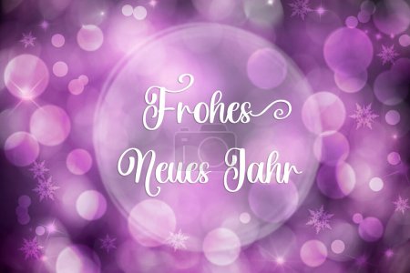 Foto de Fondo de Navidad púrpura y blanca con brillante Bokeh y texto alemán Frohes Neues Jahr, que significa feliz año nuevo en inglés - Imagen libre de derechos
