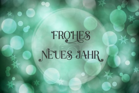 Foto de Fondo de Navidad turquesa borrosa brillante con Bokeh y texto alemán Frohes Neues Jahr, que significa feliz año nuevo en inglés - Imagen libre de derechos