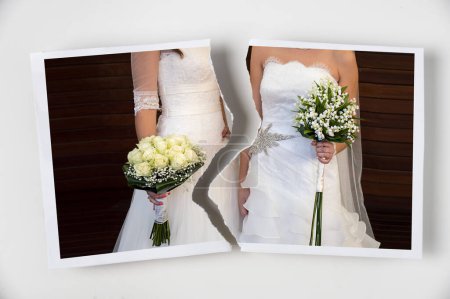 Téléchargez les photos : Divorce concept. Torn photograph of a lesbian couple at their wedding - en image libre de droit