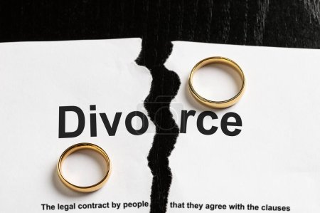 Téléchargez les photos : Closeup of a break document with the word divorce and two wedding rings - en image libre de droit