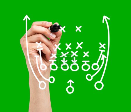 Photo for Coach drawing american football or rugby game playbook, strategy and tactics with white marker on green background. - Royalty Free Image
