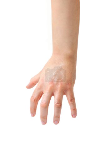 Téléchargez les photos : Gros plan d'une main de femme avec geste d'attraper sur un fond blanc - en image libre de droit