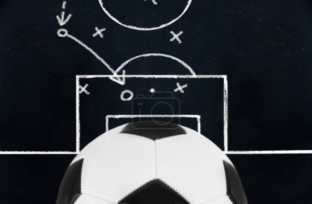 Photo for Scheme of football game on chalkboard background with ball defocused - Royalty Free Image