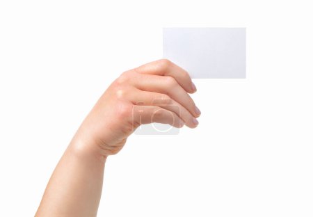 Téléchargez les photos : Cropped shot of an unrecognizable  woman hand showing a blank business card isolated on a white background - en image libre de droit