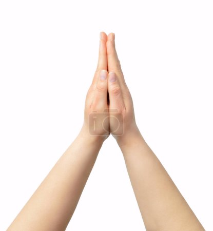 Cropped shot of an unrecognizable woman hands in praying gesture isolated on a white background