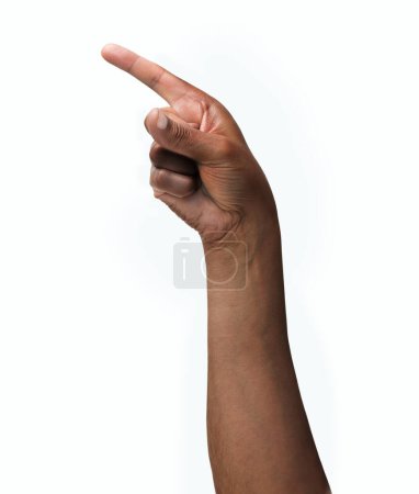 Photo for Man hand pointing at side with forefinger isolated on a white background - Royalty Free Image