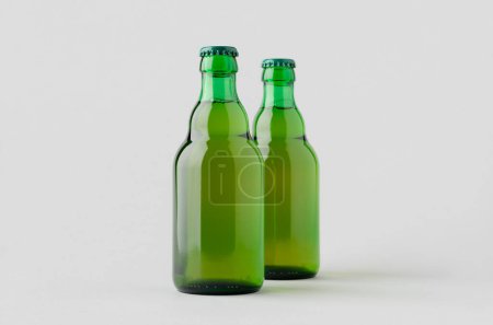 Green steinie beer bottle mockup on a grey background.