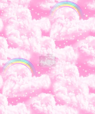Foto de Nubes rosas mágicas con estrellas brillantes y arcoíris. Fantástica ilustración, patrón sin costuras. Perfecto para niños fondos de pantalla de habitaciones - Imagen libre de derechos