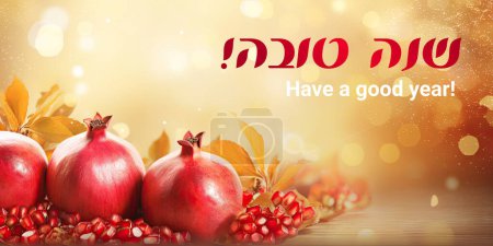 Photo for Rosh hashana card - Jewish New Year. Greeting text Shana tova on Hebrew - Have a good year. Pomegranate collage illustration as a jewish symbol of sweet life. - Royalty Free Image