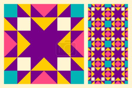 Set of patterned floor ceramic tiles. Abstract geometric pattern inspired by duvet quilting. Vivid colored bright abstract background. Simple colors. Seamless vector pattern. Quilt block template.