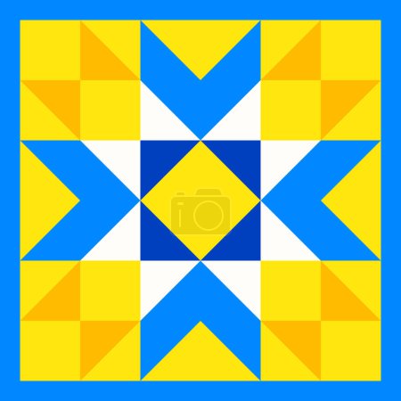 Illustration for Geometric star pattern inspired by duvet patchwork quilting. Yellow and blue abstract background in Ukrainian traditional colors. Seamless vector pattern. Quilt block template. Floor ceramic tiles. - Royalty Free Image