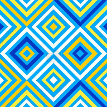 Abstract geometry, crazy colorful lines in blue and yellow colors, diamond shapes geo pattern. Seamless vector pattern background. Fashion fabric pattern design. .