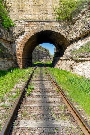 Téléchargez les photos : Vue des rails traversant un ancien tunnel ferroviaire en pierre entre les rochers. - en image libre de droit