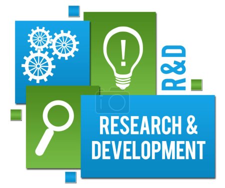 R And D - Research and development text written over green blue background.