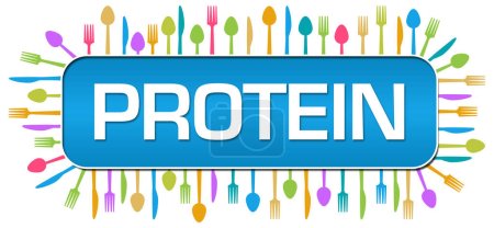 Protein text written over blue colorful background.