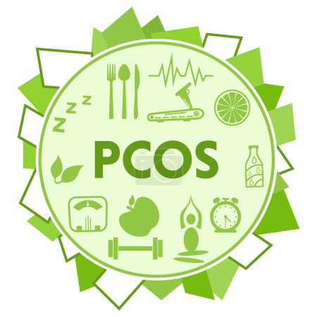 PCOS - Polycystic Ovary Syndrome concept image with text and health symbols.