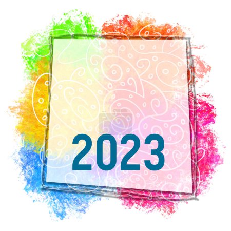 Photo for Year 2023 text written over colorful background with abstract doodle element. - Royalty Free Image