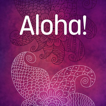 Téléchargez les photos : Aloha texte écrit sur fond violet rose avec élément doodle. - en image libre de droit