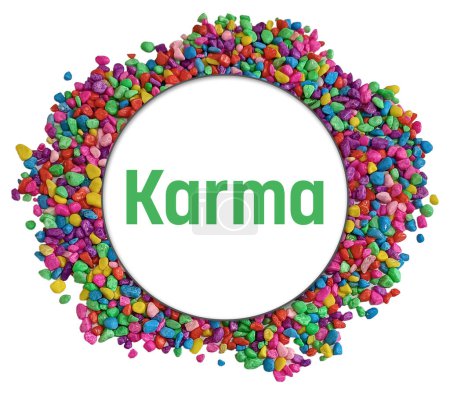 Karma text written over colorful background.