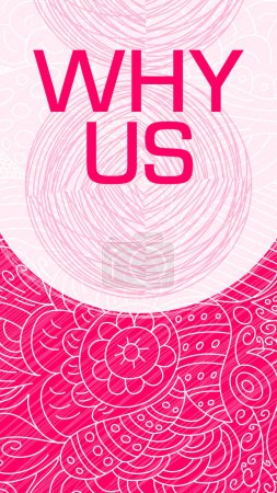 Why Us text written over pink background with doodle element background.