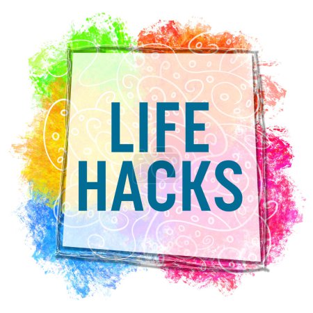 Life Hacks texto escrito sobre fondo colorido.
