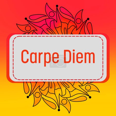 Carpe Diem Text geschrieben über orange rot gelb Hintergrund mit Mandala-Element.