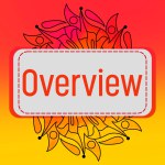 Overview text written over orange red yellow background with mandala element.